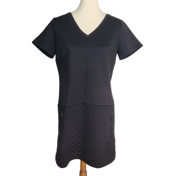 Ann Taylor Black Quilted Skirt Short Sleeve Shift Mini Dress Women's Size M - Picture 5 of 14